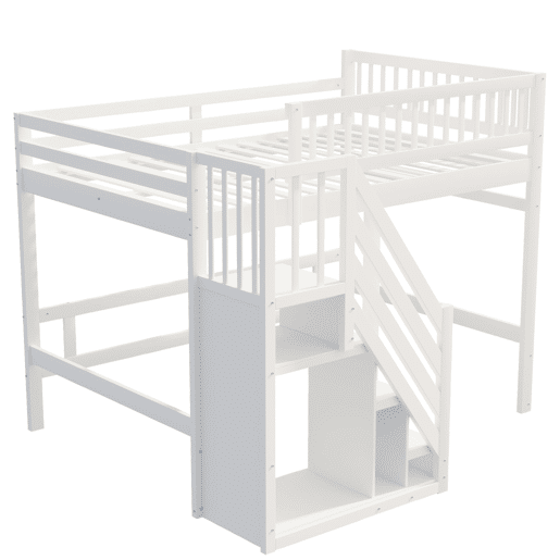 Cama alta em madeira maciça 140x200 - com escada, armário de arrumação e grade alta, cama para crianças e jovens - branco