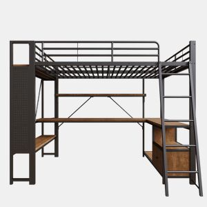 Cama alta 140x200 - Estrutura metálica, LED, secretária, arrumação, prateleiras, USB - Preto