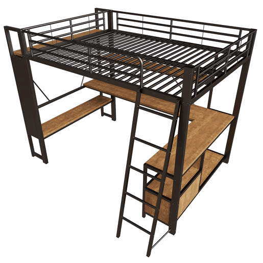 Cama alta 140x200 - Estrutura metálica, LED, secretária, arrumação, prateleiras, USB - Preto
