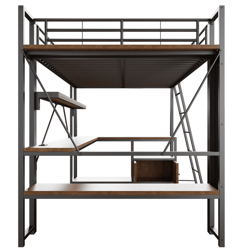 Cama alta 140x200 - Estrutura metálica, LED, secretária, arrumação, prateleiras, USB - Preto