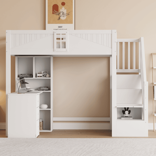 Cama alta em madeira maciça 90 x 200 cm - grade de segurança com janela, armários, secretária, gavetas e escada lateral intercambiável - branco Cama alta em madeira maciça 90 x 200 cm - grade de segurança com janela, armários, secretária, gavetas e escada lateral intercambiável - branco