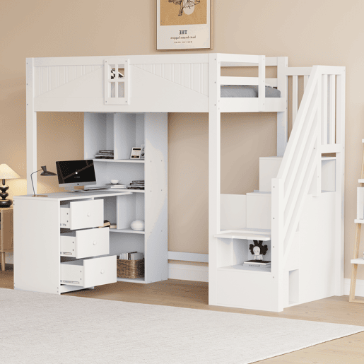 Cama alta em madeira maciça 90 x 200 cm - grade de segurança com janela, armários, secretária, gavetas e escada lateral intercambiável - branco Cama alta em madeira maciça 90 x 200 cm - grade de segurança com janela, armários, secretária, gavetas e escada lateral intercambiável - branco