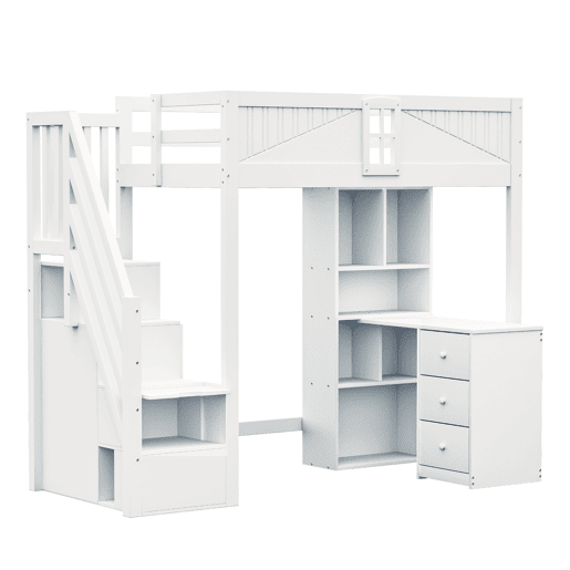 Cama alta em madeira maciça 90 x 200 cm - grade de segurança com janela, armários, secretária, gavetas e escada lateral intercambiável - branco Cama alta em madeira maciça 90 x 200 cm - grade de segurança com janela, armários, secretária, gavetas e escada lateral intercambiável - branco
