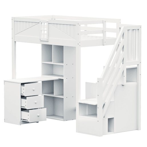 Cama alta em madeira maciça 90 x 200 cm - grade de segurança com janela, armários, secretária, gavetas e escada lateral intercambiável - branco Cama alta em madeira maciça 90 x 200 cm - grade de segurança com janela, armários, secretária, gavetas e escada lateral intercambiável - branco