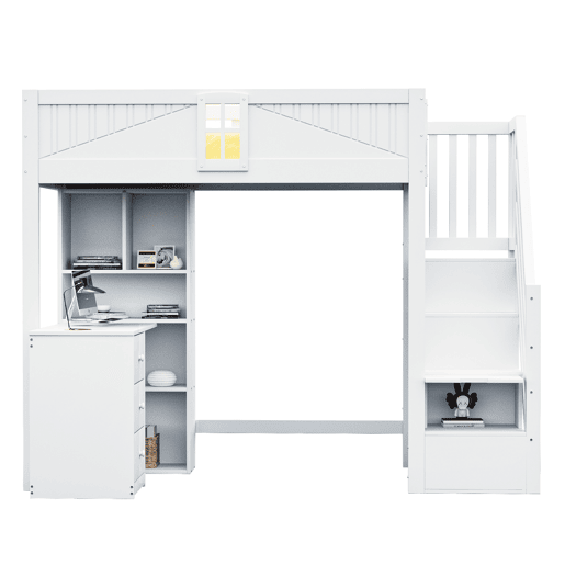 Cama alta em madeira maciça 90 x 200 cm - grade de segurança com janela, armários, secretária, gavetas e escada lateral intercambiável - branco Cama alta em madeira maciça 90 x 200 cm - grade de segurança com janela, armários, secretária, gavetas e escada lateral intercambiável - branco