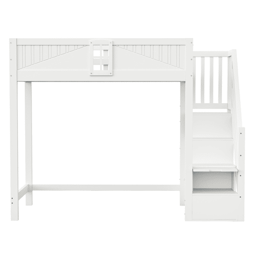 Cama alta em madeira maciça 90 x 200 cm - porta de segurança com janela, escada lateral com prateleiras intercambiáveis - branco