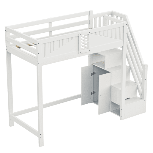 Cama alta em madeira maciça 90 x 200 cm - porta de segurança com janela, escada lateral com prateleiras intercambiáveis - branco