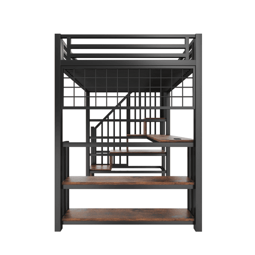 Cama alta 90x200 cm - Estrutura em ferro, secretária, LED, arrumação, USB - Preto