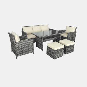 Conjunto de sofá de 3 lugares + 2 cadeiras + mesa + 2 pufes em rattan PE. Mobiliário para jardim e pátio, rattan cinza.