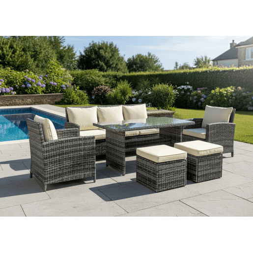 Conjunto de sofá de 3 lugares + 2 cadeiras + mesa + 2 pufes em rattan PE. Mobiliário para jardim e pátio, rattan cinza. Conjunto de sofá de 3 lugares + 2 cadeiras + mesa + 2 pufes em rattan PE. Mobiliário para jardim e pátio, rattan cinza.
