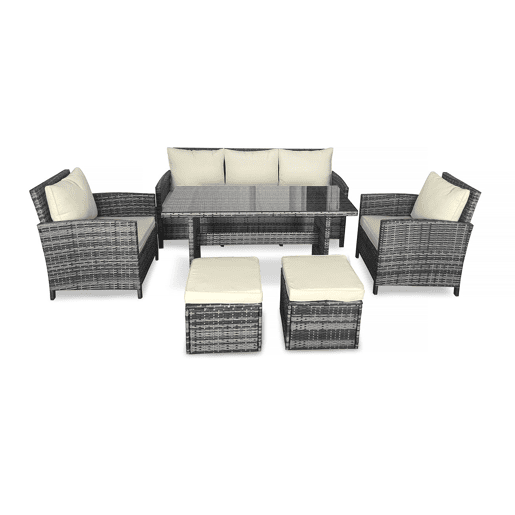 Conjunto de sofá de 3 lugares + 2 cadeiras + mesa + 2 pufes em rattan PE. Mobiliário para jardim e pátio, rattan cinza. Conjunto de sofá de 3 lugares + 2 cadeiras + mesa + 2 pufes em rattan PE. Mobiliário para jardim e pátio, rattan cinza.