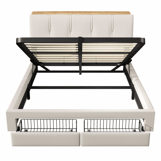 Cama estofada 140x200 cm - armazenamento hidráulico, LED, USB-C, multifuncional, linho - bege