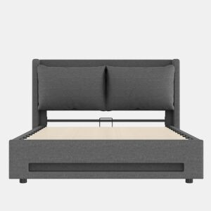Cama estofada 160x200 cm - com almofada removível, função de armazenamento, portas USB-C, luzes LED, proteção contra poeira - Cinza escuro