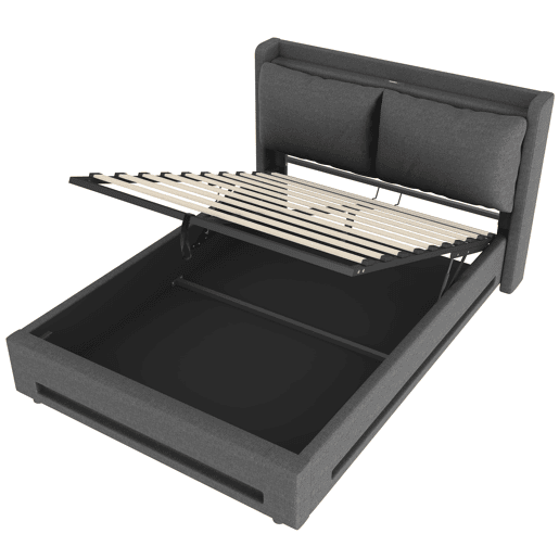 Cama estofada 160x200 cm - com almofada removível, função de armazenamento, portas USB-C, luzes LED, proteção contra poeira - Cinza escuro