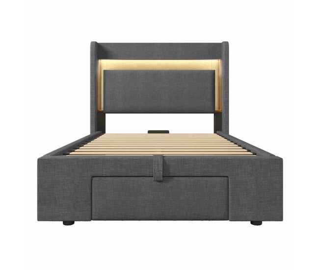 Cama tapizada 90x200 - almacenamiento hidráulico, cabecero con led y usb - gris