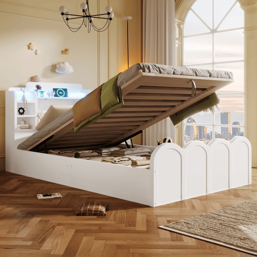 Cama com painel 90x200 cm - canapé rebatível hidráulico, USB-C e LED - branco