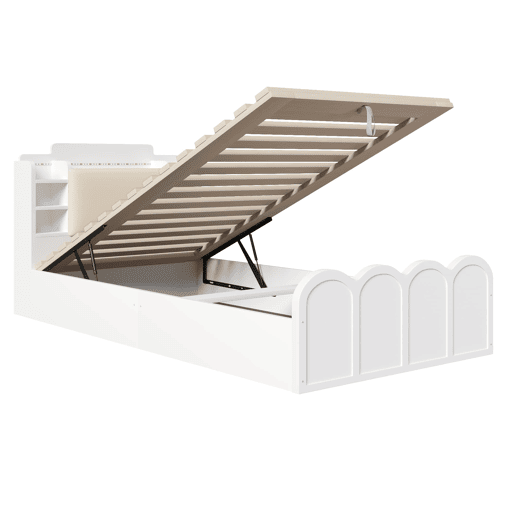 Cama com painel 90x200 cm - canapé rebatível hidráulico, USB-C e LED - branco