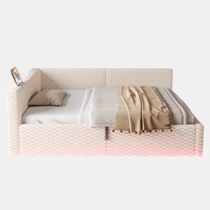 Cama estofada 140x200 cm - iluminação LED, portas USB, cabeceira macia em forma de L, tecido de veludo, base hidráulica - Bege