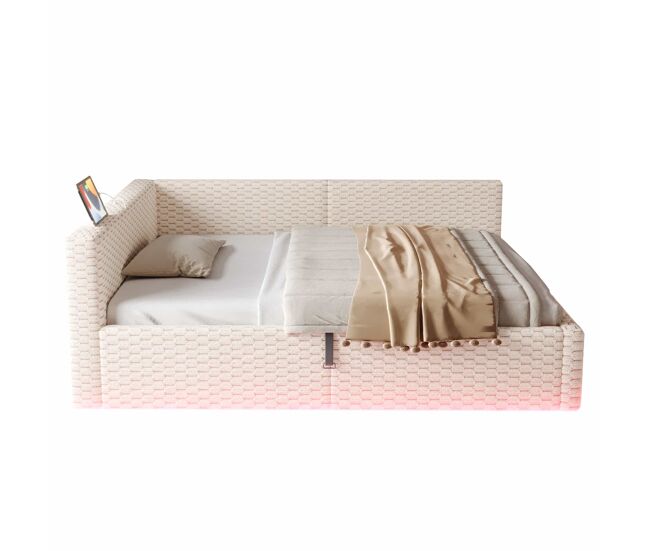 Cama tapizada 140x200 cm - iluminación led, puertos usb, cabecero blando en forma de l, tejido de terciopelo, somier hidráulico - beige