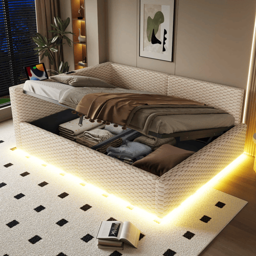 Cama estofada 140x200 cm - iluminação LED, portas USB, cabeceira macia em forma de L, tecido de veludo, base hidráulica - Bege