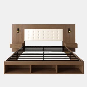 Cama de casal 180x200 cm - com arrumação, em madeira, estilo juvenil, com USB e Type-C, candeeiro de leitura, 2 mesas de cabeceira - Nogueira