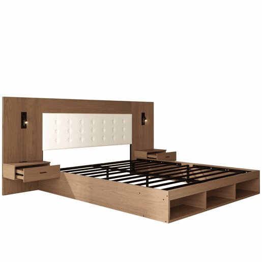 Cama de casal 180x200 cm - com arrumação, em madeira, estilo juvenil, com USB e Type-C, candeeiro de leitura, 2 mesas de cabeceira - Nogueira