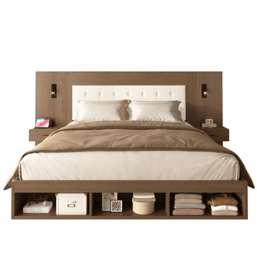 Cama de casal 180x200 cm - com arrumação, em madeira, estilo juvenil, com USB e Type-C, candeeiro de leitura, 2 mesas de cabeceira - Nogueira