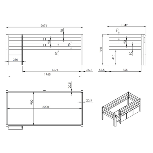 Cama de meia altura 90x200 base de ripas incluída Vipack Pino Branco