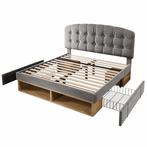 Cama de casal 140x200 - Similpelle com cabeceira ajustável, gavetas e espaço de arrumação - Cinza