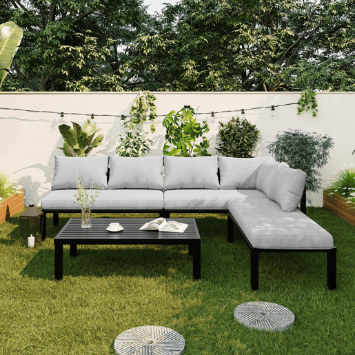 Conjunto de jardim para 6 pessoas - cadeiras modulares com encosto removível e pés ajustáveis, mesa em ferro galvanizado - cinzento