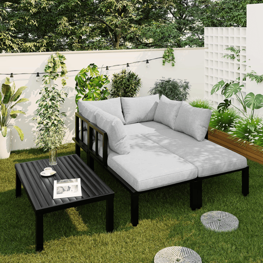 Conjunto de jardim para 6 pessoas - cadeiras modulares com encosto removível e pés ajustáveis, mesa em ferro galvanizado - cinzento