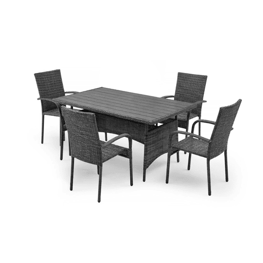 Mesa de jantar + 4 cadeiras em rattan PE. Mobiliário para jardim e pátio, rattan cinza.