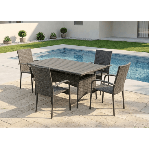 Mesa de jantar + 4 cadeiras em rattan PE. Mobiliário para jardim e pátio, rattan cinza.