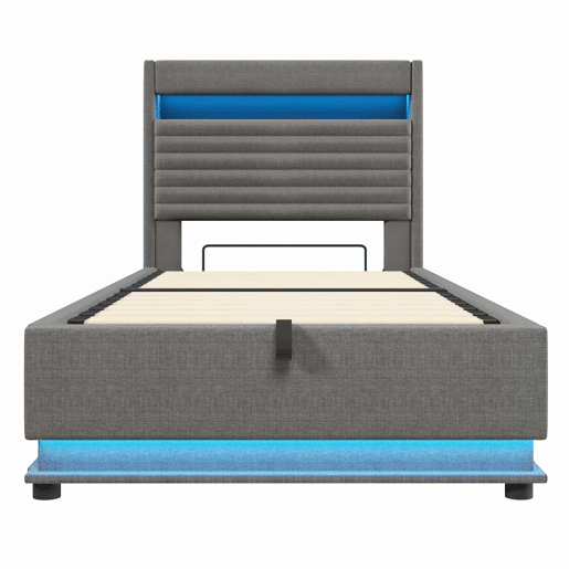 Cama estofada 90x200 cm - com armazenamento hidráulico, LED, USB Tipo-C, compartimento Flip-Top - Cinza