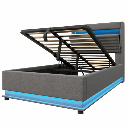Cama estofada 90x200 cm - com armazenamento hidráulico, LED, USB Tipo-C, compartimento Flip-Top - Cinza