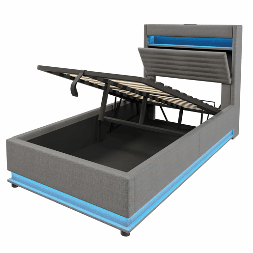 Cama estofada 90x200 cm - com armazenamento hidráulico, LED, USB Tipo-C, compartimento Flip-Top - Cinza
