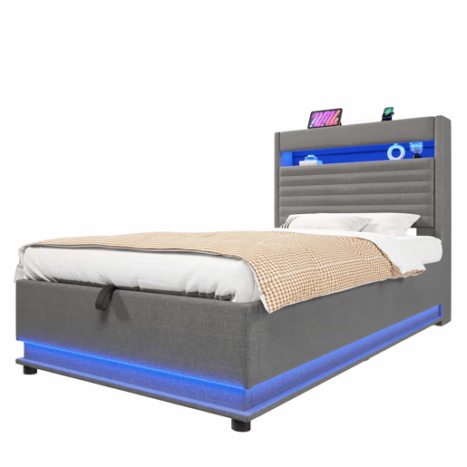 Cama estofada 90x200 cm - com armazenamento hidráulico, LED, USB Tipo-C, compartimento Flip-Top - Cinza