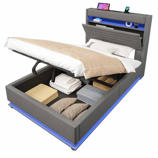 Cama estofada 90x200 cm - com armazenamento hidráulico, LED, USB Tipo-C, compartimento Flip-Top - Cinza
