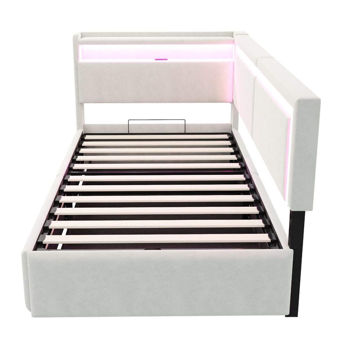 Sofá cama polsterbett 90x200 cm - led, usb, cabezal abatible, almacenaje hidráulico - beige