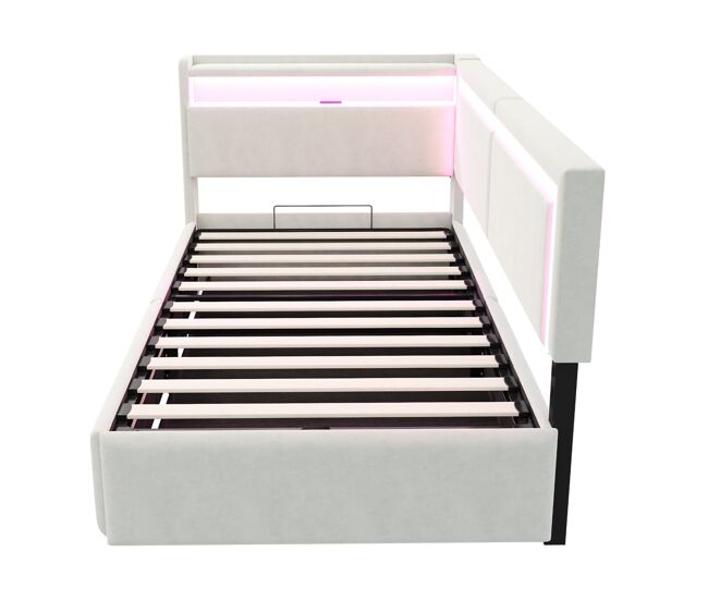 Sofá cama polsterbett 90x200 cm - led, usb, cabezal abatible, almacenaje hidráulico - beige