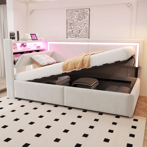 Sofá-cama Polsterbett 90x200 cm - LED, USB, encosto rebatível, arrumação hidráulica - Bege