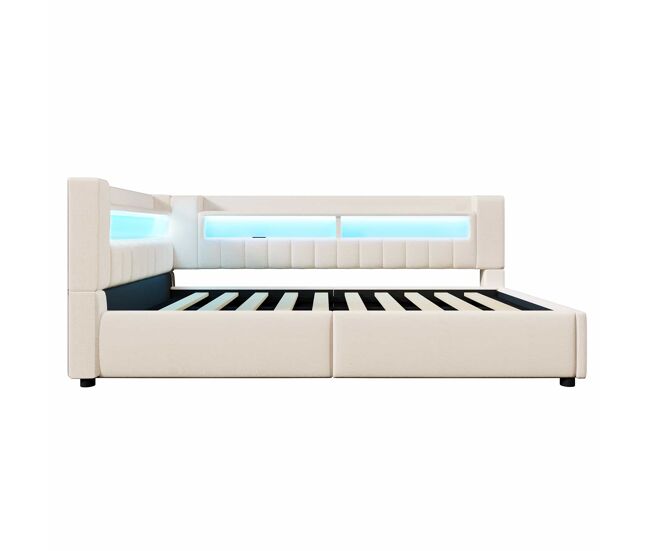 Cama individual 140×200 cm - almacenamiento hidráulico, usb tipo-c, iluminación led, sofá cama, estilo minimalista - beige