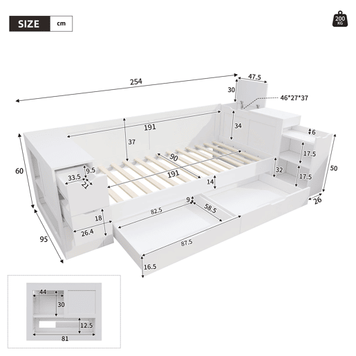 Cama infantil 90x190 cm - multifuncional com gavetas e espaço de armazenamento - branco