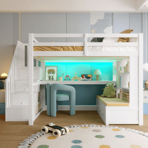 Cama alta 140x200 - com secretária, prateleiras, 2 gavetas e escada com arrumação - branco