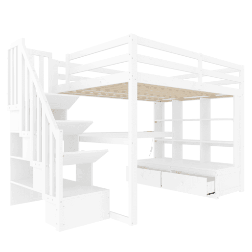 Cama alta 140x200 - com secretária, prateleiras, 2 gavetas e escada com arrumação - branco
