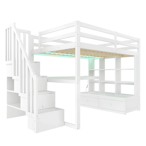Cama alta 140x200 - com secretária, prateleiras, 2 gavetas e escada com arrumação - branco
