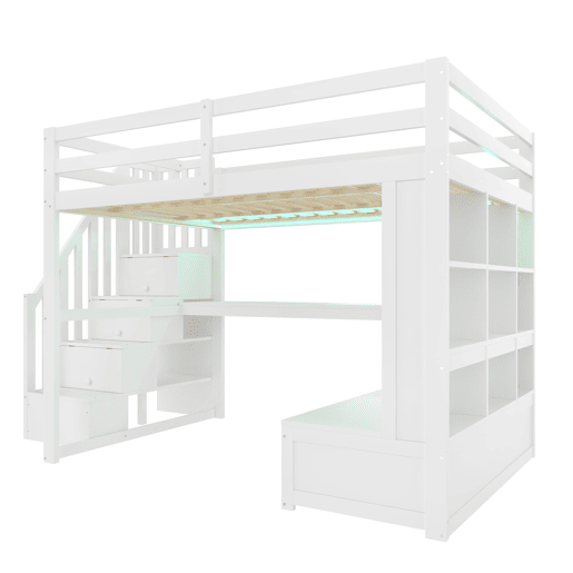 Cama alta 140x200 - com secretária, prateleiras, 2 gavetas e escada com arrumação - branco