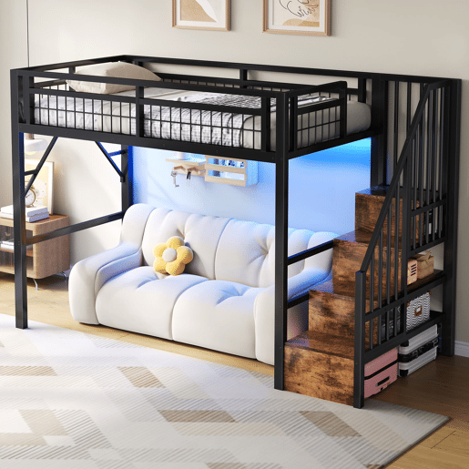 Cama alta 90x200 cm - Estrutura em ferro, LED, escada com arrumação, espaço livre - Preto Cama alta 90x200 cm - Estrutura em ferro, LED, escada com arrumação, espaço livre - Preto