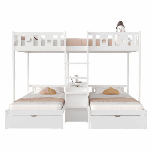 Beliche triplo alto 140×200 cm + 90×200 cm - com escada, espaço de arrumação e duas gavetas, grade de segurança com desenhos de estrelas e lua, estrutura em madeira maciça, cama infantil - branco