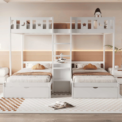 Beliche triplo alto 140×200 cm + 90×200 cm - com escada, espaço de arrumação e duas gavetas, grade de segurança com desenhos de estrelas e lua, estrutura em madeira maciça, cama infantil - branco